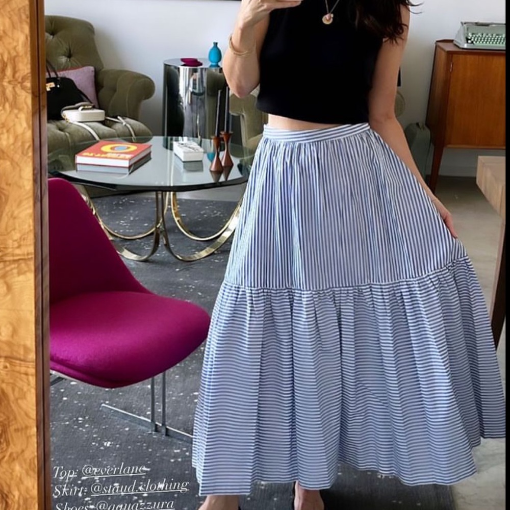 STAUD Blue and White Striped A-Line Tiered Maxi Skirt